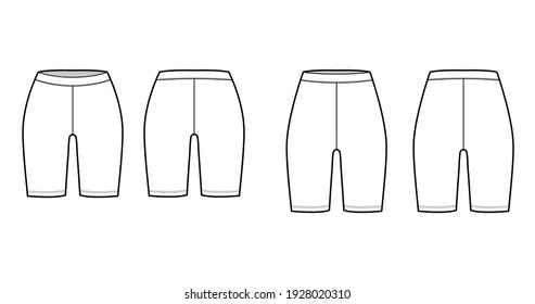 Set Of Bike Shorts Technical Fashion Illustration With Normal, Low Waist, High Rise, Thigh Length. Flat Sport Pants, Casual Knit Trousers Apparel Template Front, Back White Color. Women Men CAD Mockup