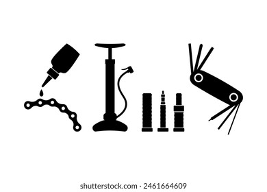 Set of bike tools. Bike pump and tire valves, chain oil and multi-tool for cyclists.