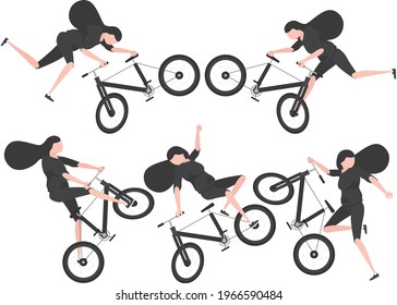 Set bike Young woman White wear, celebration , leisure summer fit, trendy stripe print, beach shoes, cycling a city, bad rider. Front and rear view. Vector flat style cartoon illustration, isolated