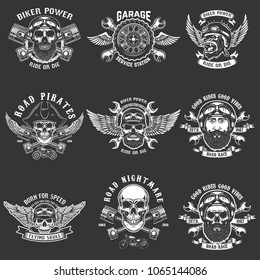 Set of biker club emblem templates. Vintage motorcycle labels. Design element for logo, label, emblem, sign. Vector illustration