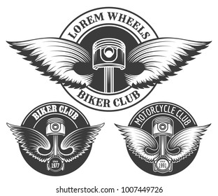 Eine Reihe von Bikerclubs-Emblemen mit Flügelpistolen. Elemente für Motorarbeit, Biker, maßgeschneiderte Garage. Vektorillustration.