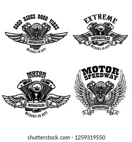 Set of biker emblem templates with winged motorcycle engines. Design element for logo, label, emblem, sign, poster, t shirt. Vector illustration