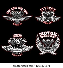 Set of biker emblem templates with winged motorcycle engines. Design element for logo, label, emblem, sign, poster, t shirt. Vector illustration