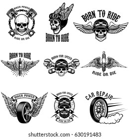 Set of biker emblems on white background. Racers skulls with wings. Car repair tools, pistons, wheels. Vector illustrations.