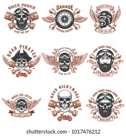 Set of biker emblems. Racer skull with crossed pistons. Extreme motorsport. Design elements for logo, label, emblem, sign. Vector illustration