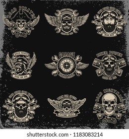 Set of biker emblems. Racer skull with crossed pistons. Extreme motorsport. Design elements for logo, label, emblem, sign. Vector illustration
