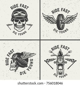 Set of biker emblems. Racer skulls, winged wheels. Design elements for logo, label, emblem, sign. Vector illustration