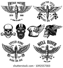 Set of biker emblems with winged spark plugs. Racer skull. Design element for poster, card, logo, emblem, sign. Vector image