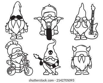 Juego de gnomos de ciclismo. Colección de rockstar jardín gnome con bicicleta, guitarra, casco. Hobby de los peligros. Ilustración vectorial en un fondo blanco.  Dibujo para niños.