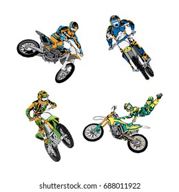 set of biker motocross vector illustration with different jump style