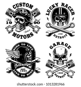 Set of Biker skulls. Motorcycle design templates on white background. Text is on the separate groups.