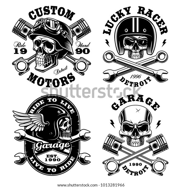 Set of Biker skulls.\
Motorcycle design templates on white background. Text is on the\
separate groups.