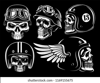 Set of biker skulls on dark background