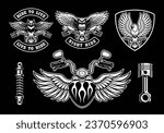 a set of biker themed badges, t-shirt prints