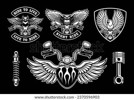 a set of biker themed badges, t-shirt prints