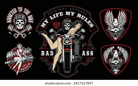 Set of biker themed designs in vintage style, these badges can be used as t-shirt prints