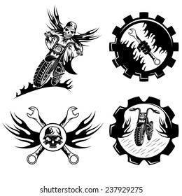 set of bikers theme emblems with skull,flames and wrenches