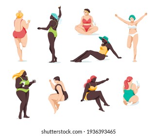 Set of bikini girls of different races and physique relax. Flat characters illustration on white background. Body positive, plus size