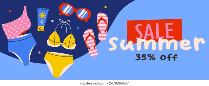 Set of bikini, sunglasses, swimsuit and slippers. Banner template or summer discount promotion. Season sale concept.