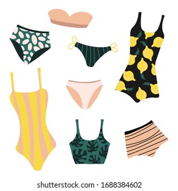 set with bikini and swimwear. tropical print. Bright flat vector illustration. can be used for print, textile, background, flyer or your design