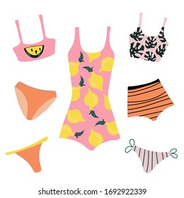 set with bikini and swimwear. tropical print. Bright flat vector illustration. 