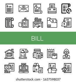 Set of bill icons. Such as Bill, Receipt, Invoice, Corruption, Money , bill icons