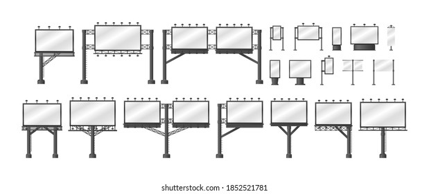 Set of billboards. City outdoor blank banner large format for advertise media. Different advertising mockup, blank signage empty construction, outdoor street advertisements billboards.