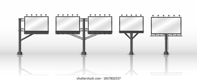 Set of billboards. City outdoor blank banner large format for advertise media. Different advertising mockup, blank signage empty construction, outdoor street advertisements billboards.