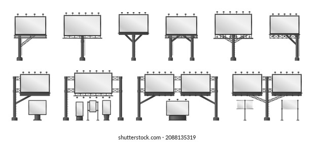 Set of billboards. City outdoor blank banner large format for advertise media. Different advertising mockup, blank signage empty construction, outdoor street advertisements billboards.