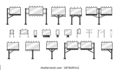 Set of billboardson transparent background.  Different advertising mockup, blank signage empty construction, outdoor street advertisements billboards.