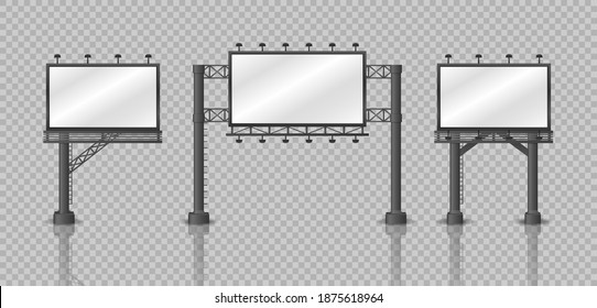 Set of billboardson transparent background.  Different advertising mockup, blank signage empty construction, outdoor street advertisements billboards.