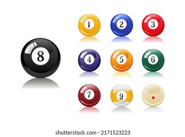set of billiard 9 balls  billiards  numbers 1 2 3 4 5 6 7 8 9 with shadow on white background isolated vector 