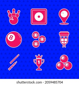 Set Billiard ball, Award cup, pocket, cue, Location with bowling and Bowling pin and icon. Vector