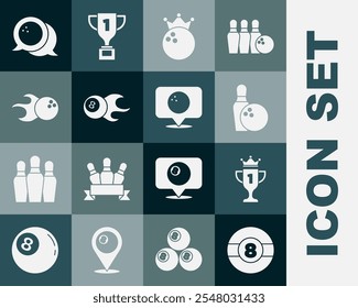 Set Billiard ball, Award cup, Bowling pin and,  and Location with bowling icon. Vector