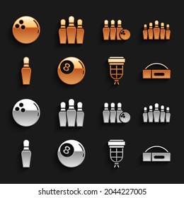 Set Billiard ball, Bowling pin, Case for billiard cue, pocket, and,  and  icon. Vector
