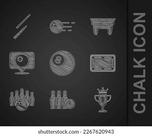 Set Billiard ball, Bowling pin and, Award cup, table, Location with billiard,  and cue icon. Vector