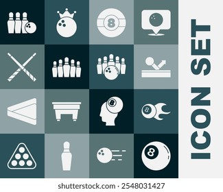 Set Billiard ball, Bowling pin, Crossed billiard cues, and and  icon. Vector