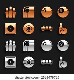 Set Billiard ball, Bowling pin and, balls on stand, chalk,  and table icon. Vector