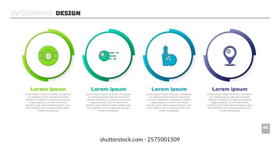 Set Billiard ball, , Bowling pin and and Location with billiard. Business infographic template. Vector