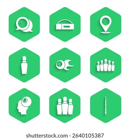 Set Billiard ball, Bowling pin, cue, Location with bowling and  icon. Vector