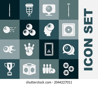 Set Billiard ball, chalk, Location with billiard, Bowling, cue and  icon. Vector