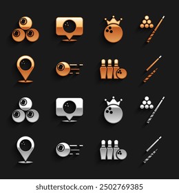 Set Billiard ball, cue and, Bowling pin, Location with bowling,  and  icon. Vector