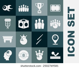 Set Billiard ball, Location with billiard, Bowling pin and, Award cup, chalk, pocket,  and  icon. Vector