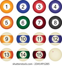 Juego de bolas de billar con número. bola para la ilustración vectorial del juego pool o snooker. Juego de bolas de snooker