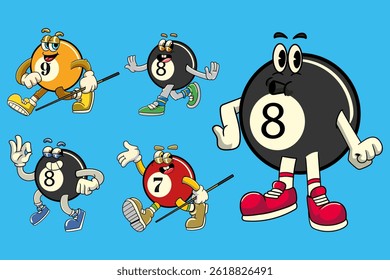 Set of Billiard Ball Sports mascot cartoon character in Vintage Style