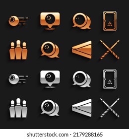 Set Billiard ball, table, Crossed billiard cues, triangle, Bowling pin,  and Location with icon. Vector