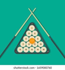 Set of billiard balls: 15 white shining balls with numbers and a yellow cue ball, two crossed cues and a triangle on green background.A kit of equipment for playing Billiards.Vector flat illustration