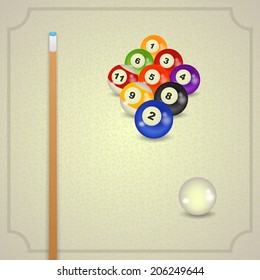 set of billiard balls, billiards,  with cue