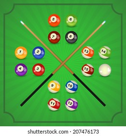 set of billiard balls, billiards, with cue