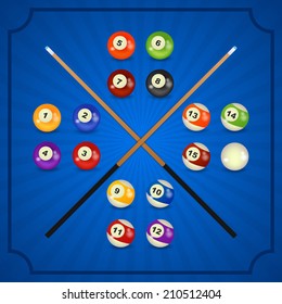 set of billiard balls, billiards, with cue